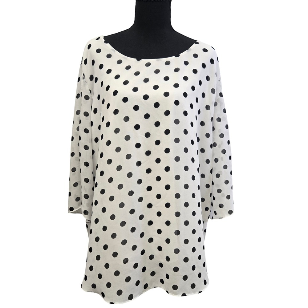 Neineiwu Womens 2XL Polka Dot Chiffon Tunic Blouse White Black 3/4 Bell Sleeve